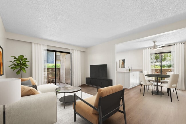 Renovated Package I living and dining room with hard surface flooring - eaves South Coast