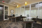 This single-floor amenity space is thoughtfully designed to accommodate both relaxation and productivity. The lounge area serves as a welcoming retreat, featuring plush, dark upholstered armchairs arranged around small round side tables atop a geometric-patterned carpet. A wall-mounted flat-screen television and elegant sconce lighting add to the room's comfort, while a set of glass-paneled double doors opens to an outdoor balcony, allowing natural light to fill the space and offering pleasant views of surrounding greenery.

Adjacent to the lounge, the business center is equipped with multiple individual workstations set along a window-facing counter, bathed in natural light. Bold yellow accent walls and pendant lighting give the area a bright, energetic atmosphere. Dark wood cabinetry with a granite countertop houses a printer, and framed artwork adds a polished, professional touch throughout.

A glass-door entry leads to a dedicated conference room, visible from the business center, appointed with a central table and pendant lighting for a more formal meeting setting. The cohesive design language — warm neutral walls, rich wood-toned trim, and consistent patterned carpeting — ties the entire space together, creating a functional yet inviting environment suited for work and leisure alike.