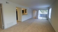 This single-floor space features an open-concept layout that connects the living area to the kitchen, creating a cohesive and functional floor plan. The living area is finished with wall-to-wall carpet in a neutral tone, contributing to a clean and understated aesthetic throughout.

A pass-through opening in the wall provides a direct sightline into the kitchen, which is equipped with dark cabinetry, a countertop that extends as a breakfast bar, a sink, and recessed track lighting overhead. The kitchen also features tile flooring, contrasting with the carpeted living space.

Natural light is a notable feature of the living area, introduced through a large sliding glass door fitted with vertical blinds. The door opens to what appears to be a private balcony or patio, offering a connection to the outdoors and a view of surrounding greenery. A secondary doorway visible from the main living area suggests access to additional rooms beyond.

The walls are finished in a bright white, keeping the space feeling light and open. Overall, the layout and finishes present a practical, well-lit living environment suited for everyday comfort.