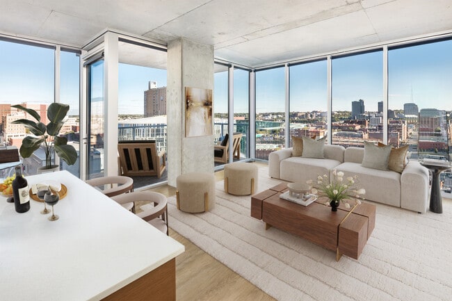 The living room of the 2B B1 - East Balcony floor plan at One Light Luxury Apartments - One Light Luxury Apartments