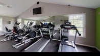 This fitness center offers a comprehensive workout environment spread across a single floor, thoughtfully designed to accommodate a wide range of exercise needs. The space is organized into distinct workout zones, each outfitted with purpose-built equipment and finished with durable rubber flooring throughout.

The cardio area features multiple treadmills and an elliptical machine positioned beneath vaulted ceilings, with a wall-mounted flat-screen TV for entertainment. Large windows allow generous natural light to pour in, while full-length mirrors amplify the sense of space and allow users to monitor their form.

The strength training zone is anchored by a cable and pulley multi-station machine, a leg extension and curl machine, and a dedicated free weight area stocked with a full rack of dumbbells. Workout reference charts are posted on the vibrant green accent walls, providing exercise guidance. Stability balls add flexibility training options to the mix.

A quieter stretching and functional training room offers an open floor area, a weight bench, and views of surrounding greenery through large windows. The facility is accessed through double glass-panel doors, and the overall design balances practicality with an energizing atmosphere suited for daily fitness routines.