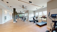 This well-appointed fitness center is organized across a single level, offering a comprehensive range of equipment and training zones designed to accommodate diverse workout routines. The space is finished with light hardwood-style flooring throughout, contributing to a clean, contemporary aesthetic that is both functional and visually inviting.

The cardio zone is positioned along a window-lined wall, where Spirit-brand treadmills, stationary bikes, and elliptical trainers benefit from generous natural light and outdoor views. Ceiling fans are installed throughout, ensuring comfortable airflow during workouts. Sleek linear pendant lighting runs along the ceiling, complementing the modern design.

The strength training section features a comprehensive selection of Hoist selectorized machines and a full dumbbell rack displayed in front of a large flat-screen television and mirrored wall, creating an open, energizing environment.

A dedicated functional training room offers additional versatility, equipped with a heavy bag, battle ropes, medicine balls, resistance equipment, and open floor space for dynamic movement. This area features a motivational wall graphic and a dark accent wall, distinguishing it visually from the main floor. Structural columns with gray accents punctuate the space, adding architectural interest throughout.
