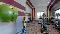 This fitness center offers a dedicated space for exercise and wellness, thoughtfully designed to energize and motivate users. The room features bold, horizontally striped walls in deep red, cream, and gold, creating a dynamic visual atmosphere that complements the space's active purpose. The arched ceiling adds architectural interest while contributing to an open, airy feel, and a ceiling fan ensures comfortable air circulation throughout workouts.

The flooring consists of patterned carpet tiles in muted red and grey tones, providing both comfort underfoot and a cohesive aesthetic. Recessed lighting illuminates the space evenly, supplemented by natural light from a window along the far wall.

Equipment is well-distributed throughout the room and includes multiple treadmills, stationary bikes, and an elliptical machine arranged for easy access. A dedicated free-weight and functional training area is positioned along one wall, featuring a rack of colorful medicine balls in various sizes, alongside a Smart Fitness storage unit. The overall layout balances cardio and functional training options, making this fitness center a versatile and practical facility.