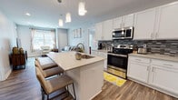 The Hickory floor plan in Ann Arbor, Michigan offers a thoughtfully designed single-level layout with two bedrooms and two full bathrooms. The open-concept kitchen and living area serves as the heart of the home, featuring wood-look flooring throughout. The kitchen is outfitted with white shaker-style cabinetry, a mosaic tile backsplash, stainless steel appliances including a range, microwave, and refrigerator, and a central island with an undermount sink and bar seating illuminated by pendant lighting. The living area flows seamlessly from the kitchen, creating a cohesive and functional shared space.

Both bedrooms are carpeted and receive natural light through large windows with exterior views. The rooms offer generous proportions with neutral walls that complement a variety of furnishing styles. The two full bathrooms feature wood-look tile flooring, dark espresso-toned vanities with white countertops, and clean, neutral walls. One bathroom includes a tiled shower-tub combination, while the other provides a more streamlined layout. The overall aesthetic throughout the unit is contemporary and cohesive, with a light, neutral color palette that creates a bright and welcoming atmosphere.