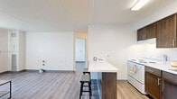 Located at 125 E 156th St in Cleveland, Ohio, this one-bedroom, one-bathroom unit offers a thoughtfully organized layout across a single floor. Light-toned wood-look flooring flows continuously throughout the space, creating a cohesive and clean aesthetic.

The living room features neutral white walls, a large window with vertical blinds that allows natural light to fill the room, and an exterior view of the surrounding neighborhood. The open feel of the space makes it versatile for various furniture arrangements.

The kitchen is efficiently designed with rich dark-toned cabinetry, both upper and lower, paired with white countertops and a white range. The kitchen opens to the main living area, promoting an easy flow between spaces.

The bedroom is a comfortable size, outfitted with the same wood-look flooring and bright white walls. A window with vertical blinds provides natural light and ventilation, while the clean, minimal design of the room offers a calm and restful environment.

The full bathroom is well-appointed with classic white tile flooring, a dark wood vanity with a white countertop and integrated sink, a mirror, and a bathtub with a cheerful striped shower curtain in soft tones of blue, pink, and beige. The overall design of the space is clean, modern, and move-in ready.