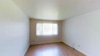 This single-floor space offers a clean, understated aesthetic defined by simplicity and natural light. The main room features warm hardwood-style flooring that runs throughout, complementing the soft, neutral-toned walls and white ceiling to create a calm and inviting atmosphere. A large window dressed with vertical blinds serves as the focal point of the room, allowing an abundance of natural light to pour in while framing a pleasant view of the surrounding greenery. The smooth, unadorned ceiling and crisp white baseboards lend the space a tidy, well-maintained appearance. The open layout provides a versatile canvas, well-suited for a variety of uses and furniture arrangements. The overall ambiance is light, airy, and move-in ready, making it an appealing and functional living environment.
