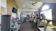 The fitness center at Stewards Crossing is a thoughtfully designed workout facility that combines functionality with a welcoming atmosphere. The space features vaulted ceilings accented by dual ceiling fans, which contribute to a sense of openness and help maintain comfortable airflow throughout workouts. Recessed lighting complements the abundant natural light streaming in through large windows, creating a bright and energizing environment. The interior design incorporates a blend of clean white walls and warm wood-paneled accents, lending the space a modern yet inviting aesthetic. Floor-to-ceiling mirrors line one wall, visually expanding the room and allowing members to monitor their form during exercise. The facility is well-stocked with a comprehensive range of equipment, including ellipticals, treadmills, and cable/weight machines, as well as a full dumbbell rack catering to all fitness levels. Dark, durable carpet flooring covers the workout area, providing both comfort and traction. A wall-mounted flat-screen television adds an entertainment element for those looking to stay engaged during cardio sessions. Overall, the fitness center at Stewards Crossing delivers a complete and comfortable exercise experience within a polished, well-maintained single-floor space.