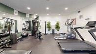 Located at 11502 Craig Ct in Saint Louis, MO, this dedicated exercise room is a fully outfitted fitness space designed to support a wide range of workout routines. The room features durable dark rubber flooring throughout, providing a safe and functional surface for all types of exercise. Recessed lighting illuminates the space evenly, while a wall-mounted flat-screen television adds convenience for entertainment during workouts.

The cardio zone is well-represented with multiple treadmills, an elliptical trainer, an upright stationary bike, and a recumbent bike, offering diverse options for cardiovascular training. A dedicated strength training area features a multi-station cable machine, a full dumbbell rack with an extensive range of weights, and a workout bench. A stability ball and resistance accessories round out the functional training options.

One wall is lined with large floor-to-ceiling mirrors, visually expanding the space and allowing users to monitor their form. Accent walls painted in a deep sage green add a modern, polished aesthetic, complemented by framed botanical artwork. Potted indoor plants bring a refreshing touch of greenery to the environment. A wall-mounted fan ensures comfortable airflow, and windows allow natural light to filter in. The room is accessible through a classic French door, adding an elegant finishing detail to this comprehensive fitness space.
