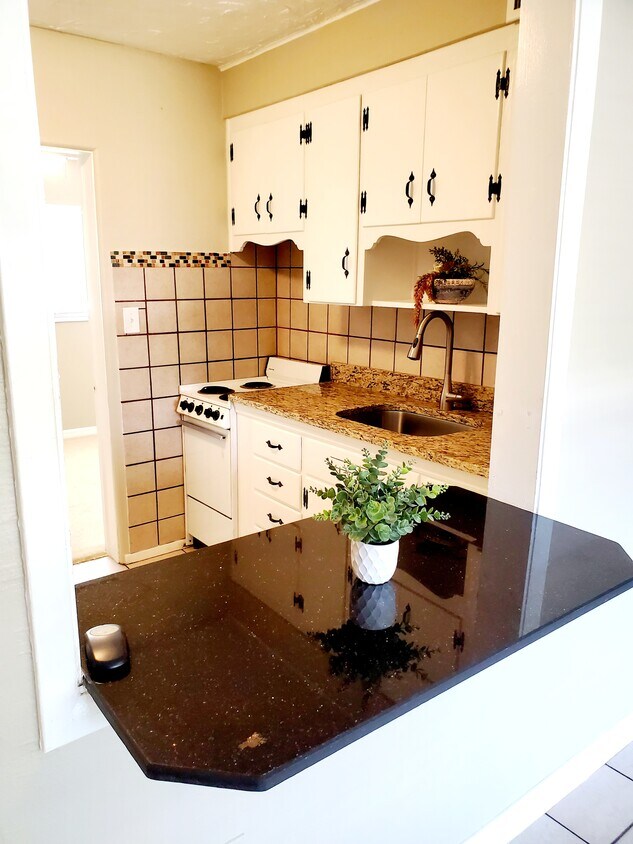 Kitchenette with granite countertop and bar seating - 3316 Clark Rd