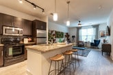 Located in Atlanta, GA, this single-floor residence blends modern design with artistic flair across its thoughtfully arranged living spaces. Hardwood-style flooring flows consistently throughout, anchoring a cohesive and contemporary aesthetic.

The living area is a standout, centered around a tufted gray sofa flanked by walnut-toned geometric bookshelves. A striking living wall panel of air plants and succulents serves as a natural focal point above the sofa, while a gold-toned round coffee table and a patterned area rug add depth and character. Natural light filters in through a large window dressed with gray curtains, and a compact dining nook with tulip-style seating adds versatility to the space.

The kitchen features dark espresso cabinetry paired with granite countertops, a mosaic tile backsplash, and stainless steel appliances including a refrigerator and microwave. A peninsula with bar seating and pendant lighting above creates a functional and inviting gathering spot near the entry.

The bedroom is defined by a dramatic full-wall watercolor mural in sweeping blue tones, providing a serene and artistic backdrop for the warm walnut bed frame. Multiple windows allow natural light and views of surrounding greenery, enhancing the room's calm atmosphere. Wall-mounted swing-arm sconces add practical elegance.

The bathroom offers a clean, tiled finish with a full shower-tub combination. In-unit laundry is also available, adding everyday convenience to this well-appointed Atlanta residence.