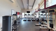 This fitness center is thoughtfully designed to support a comprehensive workout experience. The space features soaring vaulted ceilings with exposed beams and a ceiling fan, creating an open, airy atmosphere throughout. Large windows with red trim accents line the upper walls, flooding the interior with abundant natural light and offering views of surrounding trees.

The cardio zone is well-stocked with multiple Precor treadmills and elliptical machines arranged in a row, complemented by a wall-mounted flat-screen television for entertainment during workouts. A full wall of mirrors along one side visually expands the space and allows for proper form checks during exercise.

The strength training area includes a variety of cable machines, a multi-station weight machine, a bench press setup, and additional resistance equipment. Workout reference charts are displayed on the walls for guidance. A dedicated area features a rack of exercise balls set against a bold red accent wall, adding a splash of color to the otherwise neutral palette of whites and grays.

The flooring throughout is a durable dark rubber material, ideal for a high-use fitness environment. The overall design balances functionality with an inviting aesthetic, making this fitness center a practical and well-appointed space for a full range of exercise activities.
