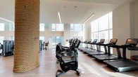 This expansive fitness center is designed to provide a comprehensive workout experience within a thoughtfully curated environment. The space is distinguished by soaring double-height ceilings and floor-to-ceiling windows that line the perimeter, flooding the interior with abundant natural light and offering sweeping city skyline views throughout.

The main workout floor is divided into clearly defined zones. The cardio area features a generous row of Life Fitness treadmills and upright stationary bikes arranged to maximize access to the panoramic views. Adjacent to this is a dedicated strength training zone with rubber-floored areas housing a full rack of dumbbells, weight benches, cable machines, and functional training equipment including a squat rack with plate storage.

A distinctive architectural column wrapped in thick natural rope serves as a striking design centerpiece, separating the cardio zone from the lounge area. The lounge features a tufted velvet sofa, gold accent chairs, a dark glass coffee table, and bold abstract artwork, creating a sophisticated space for rest or recovery.

A private spin studio with a dramatic marble-effect accent wall, a mounted display screen, and direct access to an outdoor terrace rounds out the facility. Light wood flooring and recessed linear lighting throughout contribute to the clean, modern aesthetic.