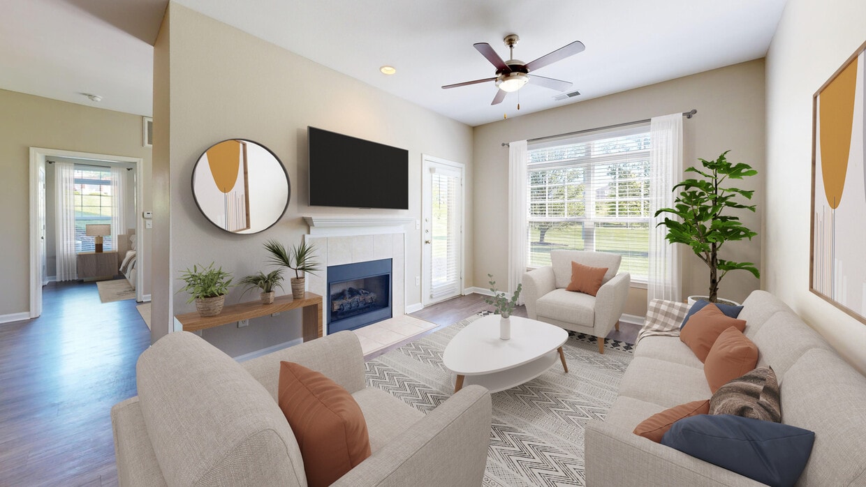 Living Room with Fire Place - Columns on Wetherington Apartments