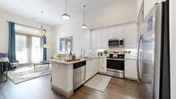 This one-bedroom, one-bathroom residence in Plano, TX offers a thoughtfully designed open-concept layout across a single floor. The kitchen is a standout feature, showcasing crisp white cabinetry, granite countertops, a large peninsula with bar seating, and a full suite of stainless steel appliances including a side-by-side refrigerator, electric range, microwave, and dishwasher. Pendant lighting and rich wood-look flooring add warmth and character to the space. The kitchen flows seamlessly into the living area, which benefits from soaring ceilings, large windows, and a glass sliding door that invites abundant natural light and outdoor views. The bedroom is a comfortable retreat featuring plush carpeting, tall ceilings, a walk-in closet, and a sizable window framing views of the surrounding greenery. The bathroom is well-finished with white shaker cabinetry, a granite vanity top, an undermount sink, and a tiled tub-shower combination with wood-look flooring. A hallway connects the living spaces efficiently. Throughout the residence, a neutral color palette, quality finishes, and high ceilings create a bright, modern, and inviting ambiance.