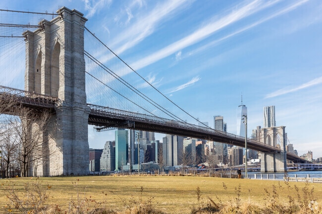 The DUMBO neighborhood has amazing views of the Brooklyn Bridge.