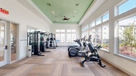 Located at 12202 Huffmeister Road in Cypress, Texas, this fitness center offers a thoughtfully designed workout space within a single open floor plan. The room's architectural character is defined by a raised tray ceiling finished in a signature sage green, complemented by recessed lighting and a ceiling fan that enhances air circulation throughout the space. Walls are kept bright white, contributing to a clean, energizing atmosphere.

Large, multi-pane windows line multiple walls, flooding the interior with natural light and providing views of an outdoor pool area and surrounding landscaping. The expansive glazing creates a connection to the outdoors that adds to the open, airy feel of the space. Full-length mirrors are strategically positioned along one wall, visually expanding the room and serving a functional purpose for form-checking during exercise.

The flooring features a patterned, multi-tone vinyl tile laid in a herringbone-style arrangement, adding a modern aesthetic underfoot. Equipment includes treadmills, elliptical trainers, stationary and spin bikes, cable weight machines, a multi-station strength system, free weights, and a rowing machine, offering a comprehensive range of cardio and resistance training options for users of all fitness levels.