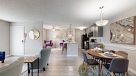 Located in Saint Petersburg, FL, this single-floor residence offers a thoughtfully designed open-concept layout that connects the living, dining, and kitchen areas into one cohesive, flowing space. Light wood-look flooring runs throughout the main living areas, complemented by neutral-toned walls and textured ceilings that lend warmth and character throughout.

The kitchen is a standout feature, equipped with gray shaker-style cabinetry, granite countertops, a subway tile backsplash, black stainless steel appliances, and a peninsula with bar seating and pendant lighting — ideal for both cooking and casual dining. The adjacent dining area accommodates a full table and is illuminated by a stylish hanging light fixture.

The living room is generously proportioned, featuring a ceiling fan, wall-mounted shelving, and windows that invite natural light. The entry foyer provides a welcoming transition into the home, accented by a decorative round mirror and additional window views.

The bedroom is a serene retreat with plush carpeting, a bright window overlooking greenery, and a tray ceiling detail that adds architectural interest. A closet provides convenient storage.

The bathroom features a tub-shower combination with tile surround, gray cabinetry with granite countertops, and wood-look flooring, maintaining the cohesive aesthetic found throughout the home.