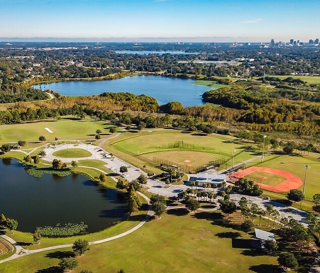 Eagle Nest Park features picnic areas, ballfields, and a large lake