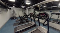 This fitness room offers a well-organized exercise space designed to support a range of workout routines. The room features a dark, industrial-style ceiling with exposed ductwork and piping painted black, creating a utilitarian aesthetic that contrasts with the lighter grey walls. Flush-mounted ceiling fixtures provide consistent artificial lighting throughout the space.

The flooring consists of blue modular carpet tiles, with rubber anti-fatigue mats positioned beneath the individual machines for added stability and protection. A full-length wall mirror runs along one side of the room, visually expanding the space and allowing users to monitor their form during workouts.

Cardio equipment is the primary focus of the room, with multiple Vision Fitness treadmills arranged in a row along the mirrored wall. Alongside the treadmills, there are elliptical trainers and a recumbent stationary bike, each positioned on protective floor mats. A multi-function cable strength machine is situated near the back wall, accompanied by a weight bench, rounding out the strength training options. Framed botanical artwork on the walls adds a subtle decorative touch. A small storage unit and a wall-mounted fire safety device are also present near the room's exit door.