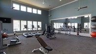 This fitness center offers a thoughtfully designed workout environment characterized by its generous ceiling height and an open, airy layout. The walls are finished in a cool blue-gray tone, lending the space a sleek, modern aesthetic. Large windows along one wall allow abundant natural light to fill the room, creating an energizing atmosphere for exercise.

The cardio area features a row of treadmills equipped with individual digital consoles, positioned to take advantage of the natural light and outdoor views. A multi-station cable machine anchors the strength training section, complemented by a adjustable workout bench suitable for a variety of exercises. Additional freestanding strength equipment, including a dip and pull-up station, rounds out the resistance training options.

A large wall-mounted mirror spans one side of the room, effectively amplifying the sense of space while allowing users to monitor their form during workouts. The flooring consists of durable, textured carpet designed to withstand heavy equipment and high traffic. Recessed ceiling lighting supplements the natural light, ensuring consistent illumination throughout. The overall layout balances functionality and comfort, providing a practical and well-appointed fitness facility.