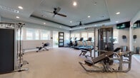 This single-level fitness center is thoughtfully designed to accommodate a comprehensive range of workout activities. The main exercise area features a tray ceiling with recessed lighting and multiple ceiling fans, creating a comfortable, well-ventilated environment. Large windows line the walls, allowing ample natural light to fill the space while providing views of the surrounding exterior.

The cardio zone is equipped with multiple treadmills, elliptical trainers, a stationary bike, and a rowing machine, all positioned along the windowed wall to maximize natural light during workouts. A wall-mounted flat-screen television is positioned for easy viewing from the cardio equipment. Full-length mirrors along one wall visually expand the space and assist with form during exercise.

The strength training section includes a multi-functional cable machine and a variety of weight benches and resistance equipment, offering diverse options for targeted muscle training. A separate, bright ancillary room with its own windows and ceiling fan serves as a dedicated stretching and functional fitness area, stocked with stability balls, resistance bands, and exercise mats. Neutral-toned carpet flooring throughout softens the space, and dark-framed glass doors provide stylish transitions between zones.