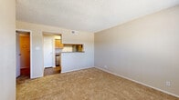 Located at 8711 Cinnamon Creek Dr in San Antonio, TX, this single-floor, one-bedroom, one-bathroom unit offers a practical and well-organized layout. The living room features neutral-toned carpet, a textured ceiling, and a ceiling fan, creating a comfortable and inviting atmosphere. A pass-through counter connects the living area to the kitchen, enhancing the open feel of the space. The galley-style kitchen is efficiently designed with warm wood cabinetry, ample upper and lower storage, solid countertops, and wood-look flooring. It is equipped with stainless steel appliances including a refrigerator, electric range, built-in microwave, and dishwasher. A dedicated pantry provides additional storage convenience. The bedroom is carpeted and receives natural light through a large window fitted with blinds. It is accompanied by a closet for personal storage. The bathroom features a combined tub and shower with white tile surround, a wood-vanity with an integrated sink, and wood-look flooring that complements the rest of the unit. Throughout the space, a consistent neutral color palette and practical finishes create a cohesive and functional living environment.
