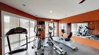 The Park Lake fitness center is a well-equipped, single-level facility designed to support a well-rounded workout routine. The space is defined by bold terracotta-orange accent walls paired with a crisp white ceiling, creating an energetic and motivating atmosphere. Durable dark rubber flooring covers the workout areas, providing a practical surface suited for high-traffic exercise use.

The cardio zone is outfitted with a variety of True-brand machines, including treadmills, ellipticals, and recumbent bikes, positioned to take advantage of the natural light streaming in through large windows fitted with horizontal blinds. Glass doors open to an exterior area, further enhancing the sense of openness and airflow, assisted by an overhead ceiling fan.

A dedicated strength training section features a multi-functional cable machine, expanding the range of available workouts. Large wall-mounted mirrors span multiple walls throughout the space, visually enlarging the room and allowing users to monitor their form. An open, open-floor area with mirrored walls offers additional space for stretching or floor exercises.

A small lounge area with cushioned armchairs provides a place to rest, and a wall-mounted television adds entertainment options. Recessed lighting throughout ensures consistent illumination across the entire facility.