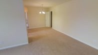 This single-floor space presents an open, airy layout with a generous combined living and dining area. Soft beige wall-to-wall carpeting runs throughout, creating a warm and cohesive feel underfoot. The dining area is anchored by a classic multi-arm chandelier that hangs from the ceiling, providing both functional lighting and a subtle decorative focal point. Neutral, light-toned walls contribute to a bright and welcoming atmosphere, reflecting available light effectively across the space. A white interior door leads to an adjacent room or closeted area, suggesting additional storage or private spaces beyond the main living zone. Doorways at the periphery indicate connectivity to further rooms, including what appears to be a hallway or secondary space visible to the left. White baseboards provide clean definition along the walls, adding a crisp, finished look to the interior. The overall layout feels open and versatile, well-suited for flexible furniture arrangements. The understated, neutral palette throughout offers a blank canvas that accommodates a variety of interior design styles.