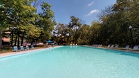 This outdoor recreational facility is centered around a generously sized swimming pool with clear, turquoise water, set against a backdrop of mature, leafy trees that provide natural shade and a serene atmosphere. The pool deck is surrounded by a practical chain-link fence enclosure, ensuring safety while maintaining open sightlines to the surrounding greenery.

Ample poolside seating is provided through rows of lounge chairs and blue-and-white patio chairs, complemented by umbrellas in both blue and teal tones — ideal for relaxation during sunny days. A dedicated pool house structure on the grounds supports facility operations and visitor convenience.

Adjacent to the pool area, a spacious outdoor patio serves as a social hub, furnished with multiple round tables and chairs shaded by large navy umbrellas. Potted plants and decorative urns add a touch of greenery and charm to the hardscaped areas. A gazebo is visible in the background, offering an additional shaded gathering spot. BBQ grills are available, making the space well-suited for outdoor dining and community events.

Beyond the fenced boundaries, well-maintained grass areas extend toward the surrounding tree line, enhancing the natural, park-like character of the space. The overall ambiance is casual, community-oriented, and inviting, designed to accommodate both leisure and social activity in an outdoor setting.