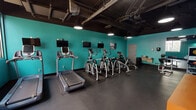 This fitness center is designed to provide a comprehensive workout environment within a single, open-plan floor. The space is immediately defined by its bold aesthetic: vibrant teal walls contrasted against a matte black exposed ceiling, which reveals structural ductwork, piping, and pendant-style overhead lighting. The dark rubber flooring throughout provides durability and traction suitable for high-intensity use.

The cardio zone features a row of treadmills and elliptical machines, each equipped with individual mounted flat-screen monitors, allowing users to stay entertained during their sessions. A utility station with a sink is conveniently positioned nearby. Adjacent to the cardio area, a dedicated strength training zone houses a multi-functional cable machine, weight benches, a leg press machine, and a power rack with barbell storage — catering to a full range of resistance training exercises.

Floor-to-ceiling mirrors line multiple walls of the strength area, visually expanding the space and allowing users to monitor their form. Decorative indoor plants add a touch of organic warmth to the otherwise industrial setting. Large windows and a glass entry door along one wall allow natural light to filter in, offering views of the surrounding outdoor environment. The overall ambiance is energetic and purpose-built, balancing functionality with a modern, urban fitness aesthetic.