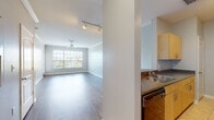This single-story residence features a thoughtfully designed open layout connecting the living area to the kitchen. The spacious living room is finished with warm wood-style flooring, crown molding, and track lighting, while a large multi-pane window allows abundant natural light and outdoor views. A ceiling fan adds functional comfort to the space.

The galley-style kitchen is positioned adjacent to the living area and features light wood cabinetry, dark granite-style countertops, tile flooring, and black appliances including a refrigerator, electric range, and dishwasher. Ample upper and lower cabinet storage lines both sides of the kitchen corridor.

Two well-proportioned bedrooms each include wood-style flooring, a ceiling fan with light fixture, and a window with outdoor views providing natural light. The two full bathrooms mirror each other in design, each offering light wood vanity cabinetry with dark countertops, a single sink, tile flooring, and a full tub-shower combination with tiled surround. Both bathrooms also include closet storage accessible from within.

Overall, the unit presents a cohesive, neutral palette with consistent finishes throughout, creating a clean and functional living environment.