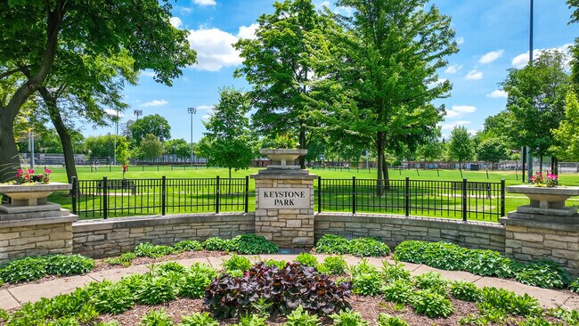 The entrance to Keystone Park is a well manicured work of art in River Forest.