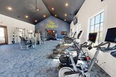Located at 91 Market St in Winder, GA, this fitness center offers a generously sized, single-floor exercise space designed to accommodate a wide variety of workout styles. The room features striking vaulted ceilings with a dark-painted upper section that contrasts cleanly against the white walls, creating a dynamic and energizing atmosphere. Recessed lighting and a ceiling fan ensure the space remains well-lit and comfortable throughout.

Patterned blue-gray carpeting covers the floor throughout, adding a modern aesthetic while defining the workout area. Large windows along multiple walls flood the interior with natural light and provide views of the surrounding community. A floor-to-ceiling mirror wall, branded with "The Stafford" neon signage, visually expands the space while serving a functional role for form-checking during exercise.

The cardio zone features multiple treadmills, ellipticals, and stationary bikes—including monitor-equipped cycling bikes—positioned near the windows. The strength training area includes a cable machine system, weight bench, dumbbell rack, and selectorized machines. A dedicated functional training zone houses a large storage rack stocked with kettlebells, medicine balls, battle ropes, a BOSU ball, resistance bands, and a heavy bag, supporting high-intensity and cross-training workouts. A glass entry door provides direct outdoor access.