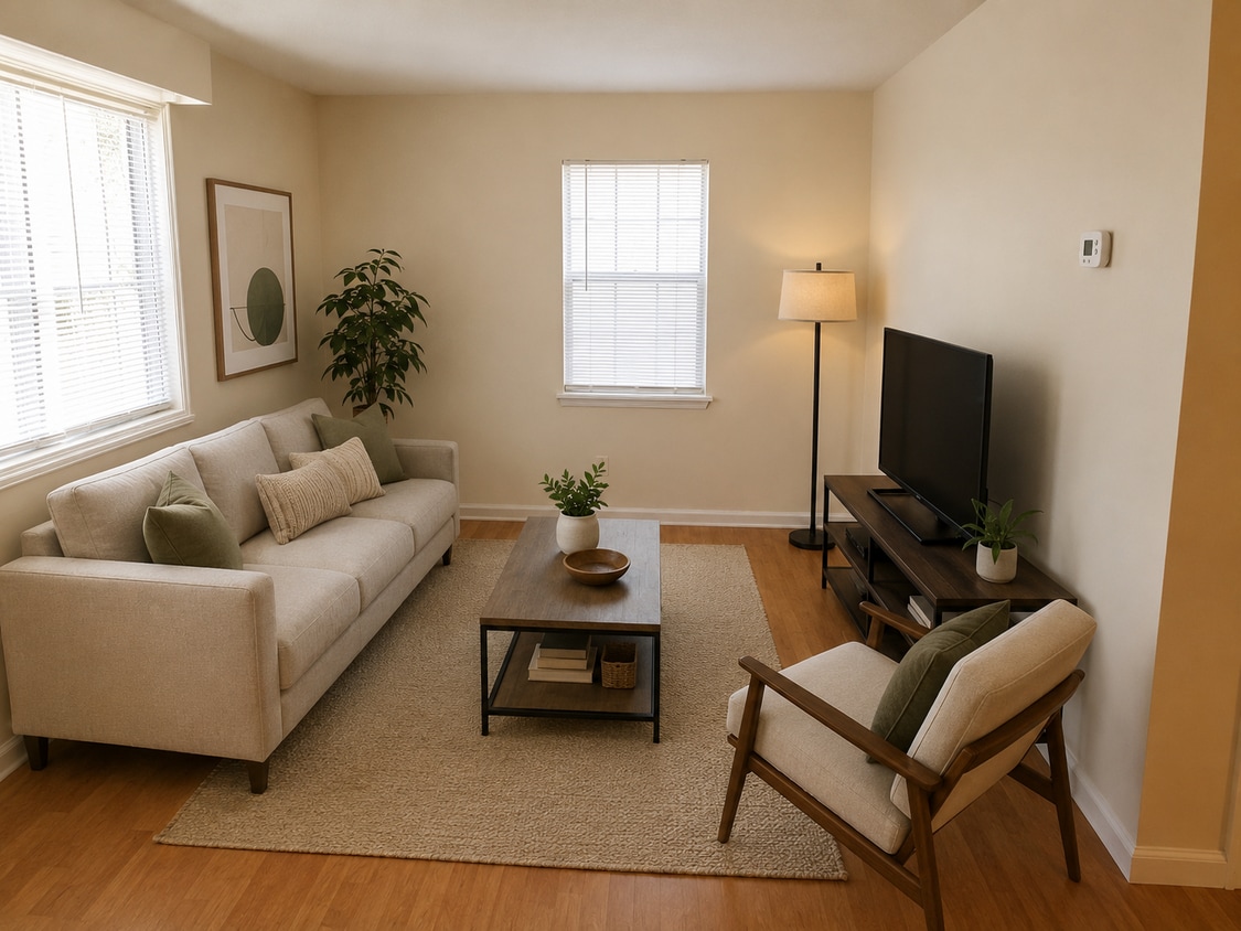 Living Room (AI-staged) - 411 Cattleman Dr NE