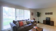 This single-floor space centers around a generously sized living room that immediately draws attention with its large sliding glass door dressed in vertical blinds, allowing an abundance of natural light to flood the interior. The bright, neutral-toned walls and light-colored flooring create a clean, airy backdrop throughout the room. A large, comfortable gray sofa anchors the seating area and is styled with an assortment of decorative pillows in coordinating patterns and a pop of coral, adding warmth and personality to the space. A wooden side table sits adjacent to the sofa, while a matching coffee table occupies the foreground, both contributing a natural, grounded element to the room's décor. A tall potted indoor tree positioned in the corner adds a touch of greenery and vertical interest, complementing the room's relaxed, welcoming ambiance. Subtle wall art provides a tasteful accent without overwhelming the minimalist aesthetic. The sliding glass door offers a glimpse of an outdoor greenery view, further enhancing the connection between the interior and exterior. Overall, the living area feels open, comfortable, and bathed in natural light.