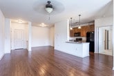 This single-story residence in Pooler, Georgia offers a well-organized layout with a consistent blend of hardwood flooring and plush carpeting across its living and sleeping areas. The open-concept main living area is anchored by rich hardwood floors that extend from the living room toward the kitchen, where pendant lighting and track lights illuminate a kitchen peninsula topped with granite countertops. Dark-stained wood cabinetry provides ample storage, complemented by black appliances including a range, microwave, and refrigerator. A double-basin sink is integrated into the peninsula, creating a practical workspace with views into the living area.

Natural light enters the living and dining spaces through windows fitted with horizontal blinds, while ceiling fans help maintain comfortable airflow throughout. The bedrooms feature soft, neutral-toned carpeting and ceiling fans, with windows allowing additional natural light. Bathrooms are finished with hardwood-style flooring, dark wood vanities, and granite-topped countertops with well-lit mirrors above. A dedicated laundry area houses a full-size washer and dryer with overhead shelving for added storage. The overall aesthetic is clean, neutral, and move-in ready.