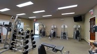 This single-floor fitness facility offers a functional and organized space designed to support a range of strength-training and exercise routines. The room features neutral beige walls and light-toned flooring, creating a clean and focused workout environment. Overhead, a series of recessed rectangular fluorescent panels provide bright, even illumination throughout the space.

Along one side of the room, a dumbbell rack holds a full set of free weights, accompanied by a Hoist adjustable workout bench positioned nearby for versatile exercise options. The main floor area is lined with multiple cable and weight stack machines, including what appear to be cable crossover and functional trainer units, offering users a wide selection of targeted muscle group exercises.

A wall-mounted flat-screen television is positioned near the upper corner of the room, providing entertainment during workouts. A glass door on one end allows natural light to filter in, offering a view to the outdoors and contributing to the open feel of the space. A small entryway mat near the door adds a practical touch. The overall layout is spacious and thoughtfully arranged, allowing for comfortable movement between equipment.