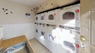 This shared laundry room is a practical, well-organized facility designed to accommodate residents' laundry needs efficiently. The room is lined along one wall with stacked Maytag commercial dryers, numbered for easy identification, providing ample drying capacity. Adjacent to the dryers, a row of top-loading Maytag commercial washing machines offers additional convenience, arranged to maximize use of the available floor space.

A central tiled counter runs through the room, providing a generous surface for sorting and folding laundry. The counter features white ceramic tile detailing, adding a clean and durable finish. A stainless steel utility sink with a faucet is integrated into the countertop area, adding functional versatility to the space.

Natural light fills the room through several large windows that overlook the surrounding exterior grounds, creating a bright and airy atmosphere. Overhead fluorescent lighting ensures consistent illumination throughout. Ventilation grilles are positioned in the ceiling to maintain air circulation. The light-toned walls are accented with simple decorative tree and bird decals, adding a subtle touch of character. Informational signage and usage instructions are posted for resident reference.