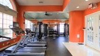 This fitness center is designed to inspire an active lifestyle, combining vibrant aesthetics with comprehensive workout amenities. The space is immediately striking thanks to its bold orange accent walls paired with crisp white trim, creating an energizing atmosphere that motivates exercise. Full-length mirrors line the walls, visually expanding the room and allowing users to monitor their form throughout their workouts.

The layout is thoughtfully organized to accommodate a wide range of fitness activities. A row of treadmills from Life Fitness lines one side of the floor, providing ample cardio options for users. Toward the center and rear of the space, multi-station strength machines and cable systems offer versatile resistance training. A dedicated free weight area features a well-stocked dumbbell rack, complemented by weight benches for a complete strength training experience.

Overhead, a ceiling fan ensures comfortable air circulation throughout the facility, while recessed lighting keeps the space bright and well-lit. Large windows along the walls allow natural light to filter in, further enhancing the open and welcoming feel. The dark rubberized flooring provides both safety and durability, ideal for high-traffic fitness use. Overall, this fitness center offers a polished, functional, and visually dynamic environment suited for a full range of workout routines.