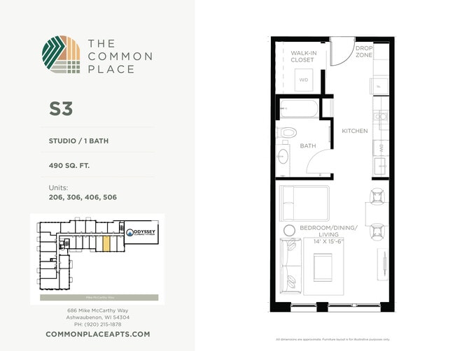 Unit 504 Living Room Model S3 Floor Plan - The Common Place Apartments