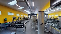 This fitness center is designed to accommodate a comprehensive workout experience within a single open floor plan. The space is defined by its striking color palette — bold yellow walls contrasted against deep navy accents — creating an energetic and motivating atmosphere. A vaulted ceiling with exposed ductwork and an industrial-style HVAC system runs the length of the facility, adding architectural character. Multiple skylights flood the interior with natural light, complemented by linear LED fixtures overhead and ceiling fans that maintain airflow throughout.

The flooring consists of durable rubber matting, appropriate for both heavy equipment and high-traffic use. Along one side of the facility, a row of Cybex treadmills and elliptical trainers is neatly arranged, with horizontal clerestory windows above providing additional natural light and outdoor views. The opposite side features a dedicated free weight area equipped with multiple dumbbell racks, adjustable benches, and Cybex strength training machines. Large wall-mounted mirrors enhance the sense of space and support proper form during exercise.

The layout allows for clear circulation paths between cardio, strength, and functional training zones. The space presents a well-organized, fully equipped environment suitable for a broad range of fitness activities.