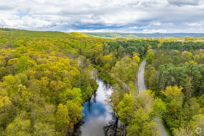 Aerial view of of the Musconetcong River winding through Stephens State Park in Hackettstown