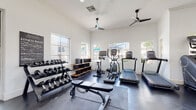 This fitness center at Allegro Luxury Apartments is a thoughtfully designed, single-floor facility built to support a comprehensive workout experience. The space features soaring ceilings with dual ceiling fans that promote airflow and comfort throughout, while an abundance of large windows on multiple walls flood the room with natural light and offer views of the surrounding greenery and community.

The flooring combines dark hardwood-style planks with interlocking rubber mat sections, providing both aesthetic appeal and functional support for high-impact activities. The cardio zone is well-appointed with treadmills, an elliptical trainer, a stationary cycle, and a StairMaster step mill. A dedicated free weights area includes a full rack of dumbbells paired with an adjustable workout bench, accommodating a wide range of resistance training exercises.

A tiered wooden shelving unit organizes additional equipment, while a functional training station features a TRX suspension system, medicine balls, slam balls, and resistance accessories. A cable and strength machine rounds out the equipment offerings, and a large wall mirror visually expands the space while aiding in form and technique. Clean white walls and a posted fitness rules board reinforce the professional atmosphere of this well-maintained community amenity.
