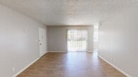 This single-story space is designed with a practical, open layout that makes efficient use of its footprint. The living area serves as the central gathering space, featuring light wood-look laminate flooring that extends throughout. A large sliding glass door fitted with vertical blinds floods the room with natural light while providing direct views of the outdoor surroundings and access to the exterior. Neutral gray walls and a textured popcorn ceiling are consistent throughout the unit, creating a cohesive and understated aesthetic.

The kitchen is well-equipped with ample white cabinetry offering generous storage, granite-style laminate countertops, a black electric range, a dishwasher, and a single-basin sink. A peninsula counter provides additional prep space and serves as a natural divide between the kitchen and the adjoining living areas.

The bedroom is a comfortable, well-proportioned room featuring the same wood-look flooring, a sliding double-door closet for storage, and a window that admits natural light. The bathroom includes a vanity with a granite-style countertop, an undermount sink, a large wall mirror, and a multi-bulb vanity light fixture. White cabinetry below the sink provides additional storage.