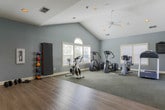 Located at 126 Monthaven Blvd in Hendersonville, Tennessee, this single-floor fitness center offers a well-appointed workout facility designed to accommodate a range of exercise needs. The space is divided into two distinct zones: a carpeted cardio and equipment area and a hardwood-style open floor section ideal for stretching, yoga, or group exercise. The cardio zone is equipped with treadmills, elliptical machines, and stationary bikes, and benefits from an abundance of natural light streaming through large windows, including a distinctive arched transom window that adds an elegant architectural touch. Vaulted ceilings with a ceiling fan contribute to an open, airy ambiance throughout the space. French doors with sidelights and an arched fanlight provide direct access to an outdoor area, further enhancing the sense of openness. The open floor zone features full-length mirrored walls, recessed lighting, and wall-mounted televisions, creating an ideal environment for dynamic workouts. A collection of stability balls and dumbbells lines the perimeter, offering versatile strength and flexibility training options. The soft blue-gray wall tones throughout lend a calm, focused atmosphere to the entire facility.