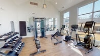 Located at 275–339 Old Gurney Rd NE in Huntsville, Alabama, this single-story fitness center is designed to provide a bright, open, and functional workout environment. The space is defined by its striking vaulted ceilings, which lend a sense of spaciousness and airiness throughout the room. Large, floor-to-ceiling windows line multiple walls, flooding the interior with abundant natural light and offering views of the surrounding community and landscaped grounds.

The flooring throughout consists of light-toned hardwood-style planks, contributing to the clean, modern aesthetic. A large wall-mounted mirror on one side visually expands the space and supports strength training activities. The fitness center is comprehensively equipped, featuring a multi-functional cable machine, adjustable weight benches, a dumbbell rack with a full range of free weights, multiple stationary cycling bikes with integrated digital displays, and a dedicated treadmill area along the windowed wall. A medicine ball rack adds additional functional training options.

Entry is provided through full-length glass double doors, reinforcing the open, welcoming character of the space. A suspended industrial-style pendant light adds a contemporary design touch. Overall, the fitness center offers a well-lit, thoughtfully outfitted environment suited for a wide variety of workout routines.