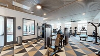 This fitness center spans a generously sized single floor, thoughtfully divided into two distinct functional zones. The main gym area is immediately striking, featuring a bold geometric-patterned carpet in black, tan, and white triangles that sets an energetic tone throughout the space. Large windows along the perimeter flood the floor with natural light, offering views of the surrounding outdoor areas. The ceiling features an elegant slatted wood design with recessed lighting and large ceiling fans for optimal air circulation. Equipment is comprehensive and well-organized, including a full rack of dumbbells, cable machines, weight benches, a power rack, treadmills, ellipticals, stair climbers, stationary bikes, and a Peloton cycle. Floor-to-ceiling mirrors are strategically placed to expand the sense of space and assist with form. A separate studio room adjoins the main floor, accessible through glass-paneled double doors. This studio features warm hardwood flooring, a wall of mirrors with integrated lighting, oversized ceiling fans, and open wall space ideal for yoga, stretching, or group fitness classes. Motivational artwork and décor complete the polished, modern aesthetic of this fully appointed fitness facility.