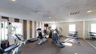 This single-floor fitness center offers a dedicated and thoughtfully designed space for exercise and wellness. The room is finished with wall-to-wall carpet and a textured ceiling, lending a clean, functional aesthetic throughout. A striking accent wall featuring alternating neutral-toned vertical stripes adds a stylish visual element to the space.

The facility is equipped with a comprehensive selection of cardio machines, including treadmills, an elliptical trainer, and a stationary bike, providing ample options for aerobic workouts. A dedicated free weight area along one wall features a full rack of dumbbells, catering to strength training needs. A wall-mounted television is positioned for easy viewing during workouts.

Natural light enters through multiple windows, creating a bright and inviting atmosphere. Two ceiling fans with integrated lighting are installed overhead, ensuring proper air circulation and comfort during exercise. Recessed lighting supplements the natural light for a well-lit environment at all times.

Overall, this fitness center strikes a balance between practicality and comfort, offering residents or users a versatile and welcoming space to meet their fitness goals.
