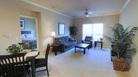 This single-floor space features an open-concept living and dining area finished with soft, neutral-toned carpeting throughout. The living room is anchored by a blue upholstered sofa and matching armchair, arranged around a dark wood coffee table. Crown molding lines the ceiling, adding a refined architectural detail, while a ceiling fan with a light fixture provides both ventilation and overhead illumination. Large windows along one wall allow natural light to fill the space, contributing to an airy, welcoming ambiance. A framed piece of artwork and a decorative potted plant add character to the room. A floor lamp provides warm accent lighting near the seating area. To one side, a small dining set with dark wood chairs is partially visible, offering a dedicated area for meals. A doorway visible from the living area leads to what appears to be a bedroom, suggesting a well-connected layout. The neutral wall tones and consistent flooring create a cohesive aesthetic throughout, making the space feel unified and functional for everyday living.
