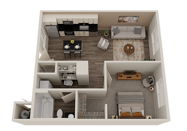 Explore the layout of this modern, open-concept 1-bedroom apartment ideal for urban living. - Cabana North Valley